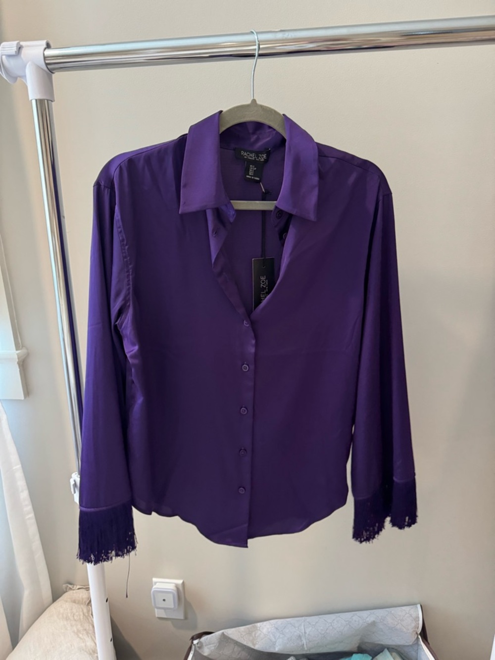 Rachel Zoe Deep Purple Button-Down Blouse with Fringe Cuffs